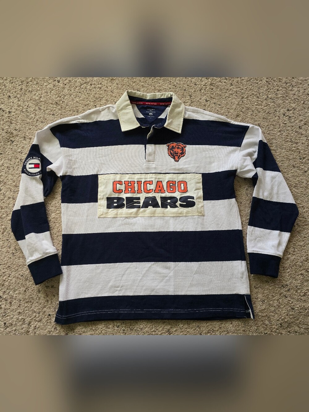 Tommy Hilfiger Chicago Bears Striped Rugby Shirt - Navy & White